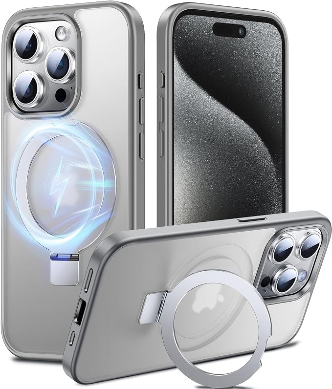 Chicfun 3-in-1 [Magnetic+Kickstand+Ring Holder] Compatible with iPhone 15 Pro Case Stand Ring Holder Compatible with MagSafe, Military Shockproof for iPhone 15 Pro Phone Case Kickstand Cover Grey