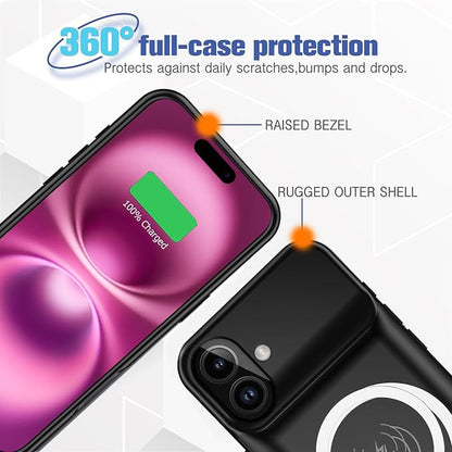Battery Case for iPhone 16,Full Encircle 10000mAh High Capacity Rechargeable Portable Charger Case Extended Battery Pack Compatible with iPhone 16 (6.1 inch) Wireless Charging Cover with Carplay-Black