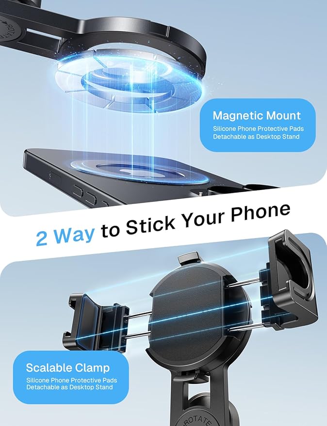 MAGIC JOHN Phone Tripod with 2 Selfie Light, Portable Pocket Size Selfie Stick for iPhone Magsafe, Selfie Stick with Detachable Remote Control for Photograph, Live Streaming, Video Recording