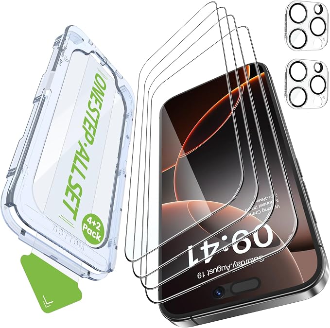 iGluz 4 Pack for iPhone 16 Pro Screen Protector with 2-Pack Camera Lens Protector[99.99%HD Clear][9H Tempered Glass][Bubble Free][Easy Installation][Smooth Touch][Anti-fingerprint],4+2 Dual Protection