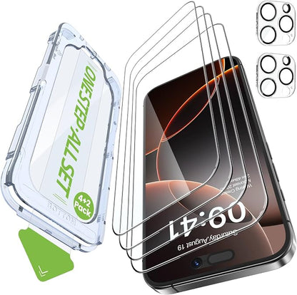 iGluz 4 Pack for iPhone 16 Pro Screen Protector with 2-Pack Camera Lens Protector[99.99%HD Clear][9H Tempered Glass][Bubble Free][Easy Installation][Smooth Touch][Anti-fingerprint],4+2 Dual Protection