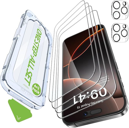 iGluz 4 Pack for iPhone 16 Pro Screen Protector with 2-Pack Camera Lens Protector[99.99%HD Clear][9H Tempered Glass][Bubble Free][Easy Installation][Smooth Touch][Anti-fingerprint],4+2 Dual Protection
