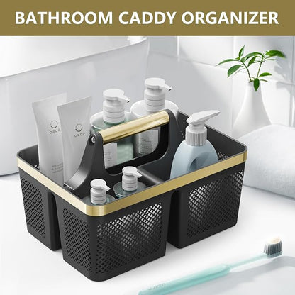 BYUNER Shower Caddy Dorm Men: Plastic Bathroom Caddy Organizer with Handle and Holes, Bath Caddy for College Dorm, Portable Shower Basket Tote for Toiletry, Travel, GYM, Camp Essentials Black/Gold