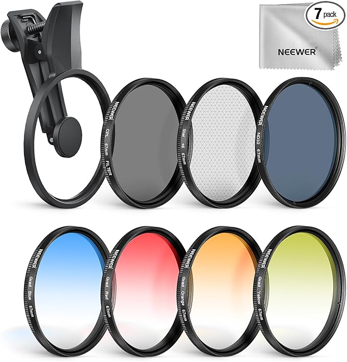 NEEWER 67mm 7 Pack ND Filter Set Compatible with Android Samsung Google Pixel Huawei Xiaomi Clip On CPL+ ND32 + Starlight + GND (Red/Orange/Yellow/Blue) Camera Lens Photography Accessories Kit, FL-P11