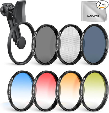 NEEWER 67mm 7 Pack ND Filter Set Compatible with Android Samsung Google Pixel Huawei Xiaomi Clip On CPL+ ND32 + Starlight + GND (Red/Orange/Yellow/Blue) Camera Lens Photography Accessories Kit, FL-P11