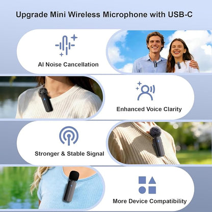 2-Pack Wireless Mini Lavalier Lapel Microphone for iPhone 15,16,Android Phone - 65ft Cordless Clip on Dual Mics with Noise Reduction 6H Working Time for Video Recording Vlogging, YouTube, Interview