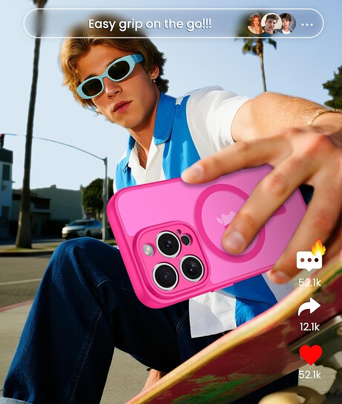 FNTCASE for iPhone 15 Pro Max Case: [Compatible with Magsafe] Translucent Matte Cases with [Full Camera Protection] [Screen Protector] Military Grade Shockproof Protective Phone Cover - Hot Pink