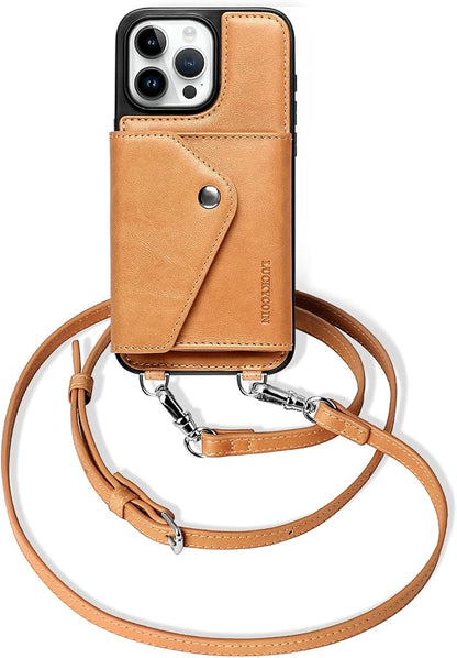 LUCKYCOIN for iPhone 15 Pro Max Crossbody Wallet Case – Genuine Leather Phone Purse with Adjustable Strap and Card Holder,Lanyard Phone Purse Case for Women,Vintage Tan