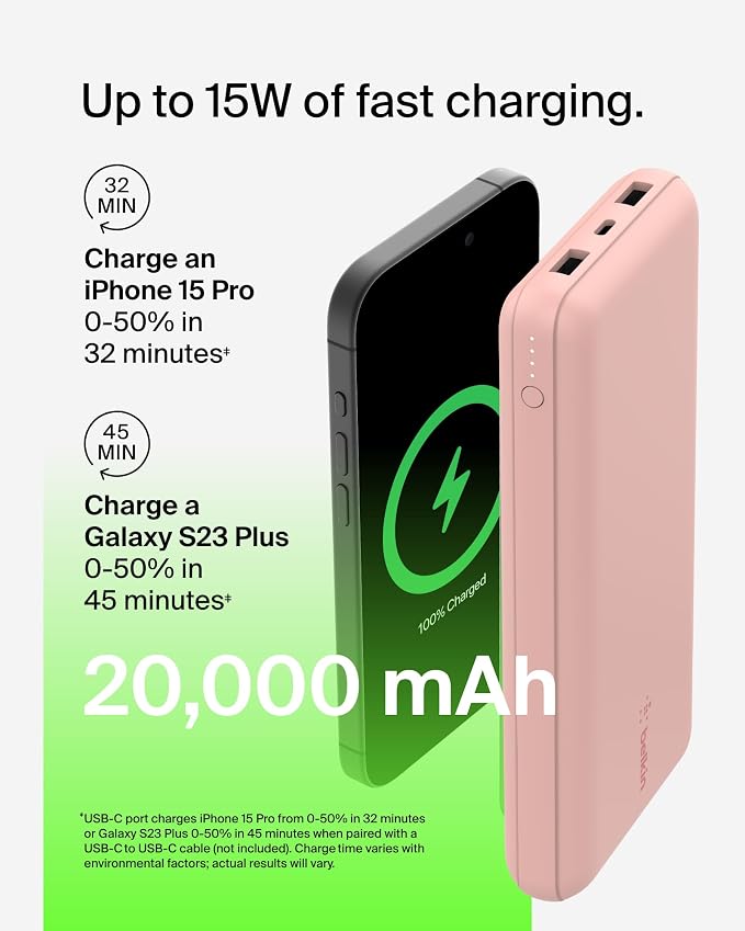 Belkin Portable Charger, USB C Power Bank 20000 mAh w/ 1xUSB-C Port & 2xUSB-A Ports, 15W w/ Type-A to Type-C Cable - iPhone 17, Air, Pro, Pro Max, Samsung Galaxy S25, Google Pixel 10, etc. - Rose Gold