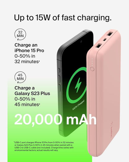 Belkin Portable Charger, USB C Power Bank 20000 mAh w/ 1xUSB-C Port & 2xUSB-A Ports, 15W w/ Type-A to Type-C Cable - iPhone 17, Air, Pro, Pro Max, Samsung Galaxy S25, Google Pixel 10, etc. - Rose Gold