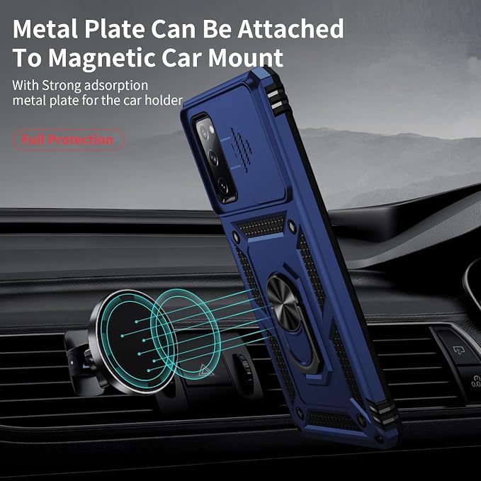 Weycolor for Samsung Galaxy S20 FE 5G Case with Camera Lens Cover, HD Screen Protector, 10 FT Military Grade Drop Protection, Magnetic Ring Holder Kickstand Protective Phone Case, Navy Blue