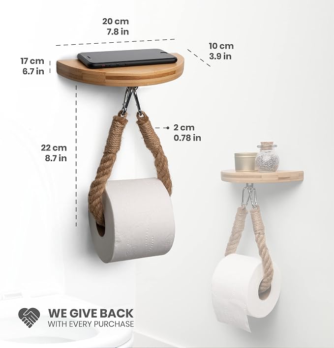 Modern Hanging Wall Mount Natural Bamboo Toilet Paper Holder Rope with Convenience Shelf Tray for Toilet Paper, Phone, Plants, Decor, and Other Accessories