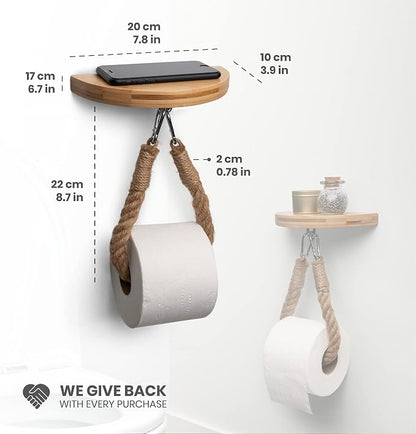 Modern Hanging Wall Mount Natural Bamboo Toilet Paper Holder Rope with Convenience Shelf Tray for Toilet Paper, Phone, Plants, Decor, and Other Accessories