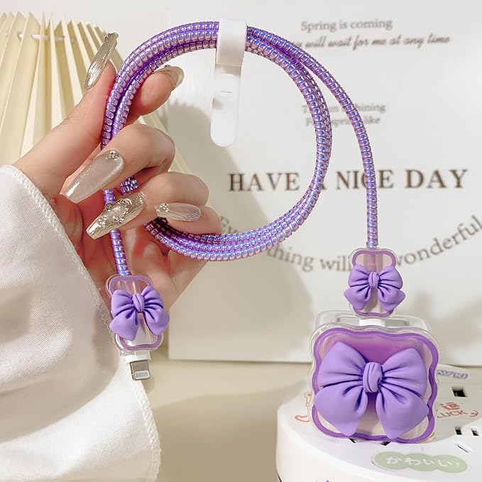 Lovmooful Compatible for iPhone 18W/20W USB-C Charger Cover Clear Lovely 3D Bowknot Waves Design Soft Charger Protector Cute Cable Case Saver Protector for Girls Women-Purple Bowknot