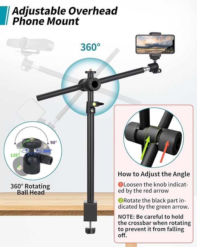 Overhead Camera Mount Desk Stand, Camera Arm Desk Mount Clamp Stand with 360°Adjustable Magic Arm, Webcam Arm Mount Stand w Ballhead Phone Mount for Desk Logitech Microphone Video Light Cell Phone