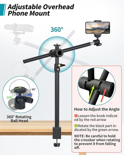 Overhead Camera Mount Desk Stand, Camera Arm Desk Mount Clamp Stand with 360°Adjustable Magic Arm, Webcam Arm Mount Stand w Ballhead Phone Mount for Desk Logitech Microphone Video Light Cell Phone