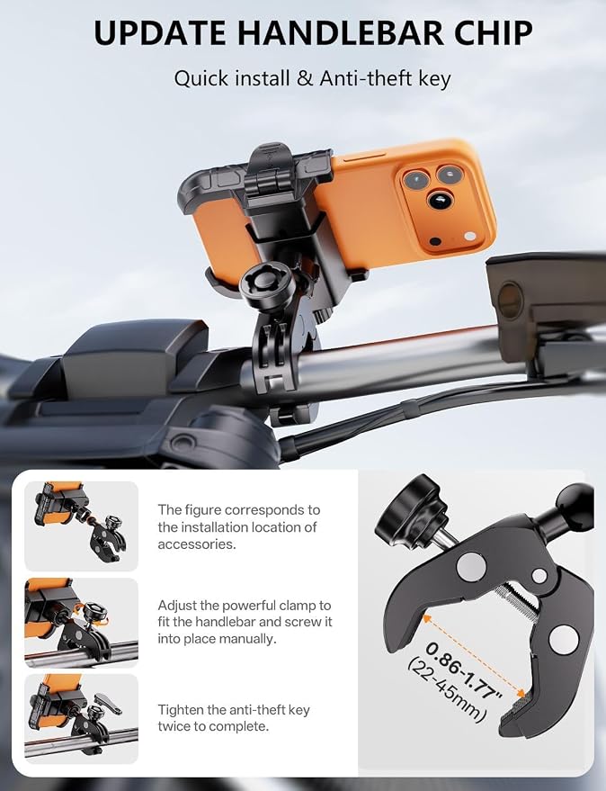 Kewig Bike Phone Holder - [Camera Friendly] [1-Second Lock & Release] Bike Cell Phone Mount Clamp, Motorcycle Bicycle Scooters Handlebar Cell Phone Mount Clip Fits 5.4-7.2" Smartphones