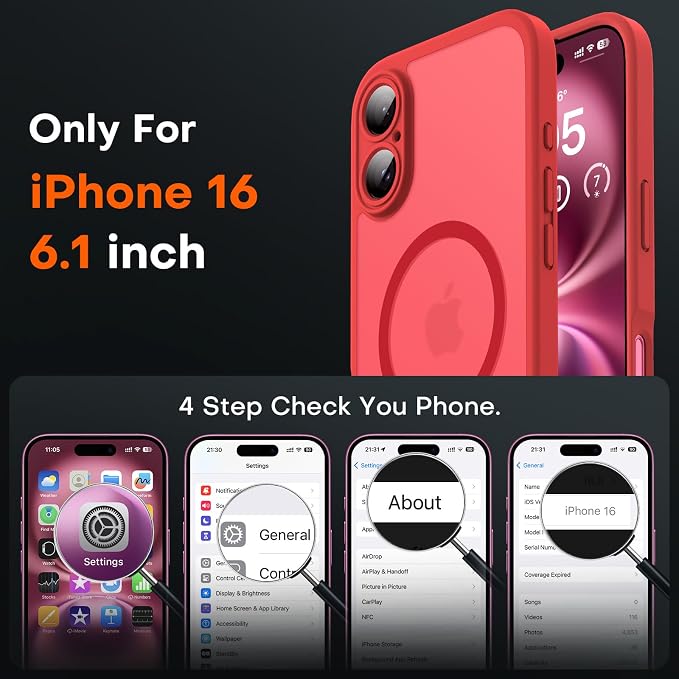 TOCOL for Phone 16 Case, Compatible with Magsafe Charger, Full Camera Protection, Drop Protection, Translucent Matte Phone Case for iPhone 16 6.1 inch (Red)