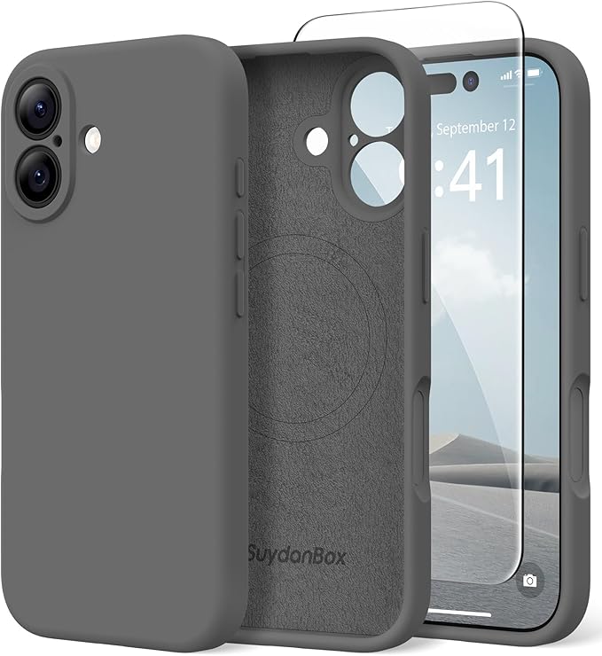 Magnetic for iPhone 16 Case, Compatible with MagSafe, [Screen Protector + Full Camera Protection], Silicone Shockproof Anti-Scratch Protective Phone Case for iPhone 16 6.1", Dark Gray