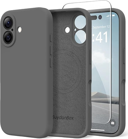 Magnetic for iPhone 16 Case, Compatible with MagSafe, [Screen Protector + Full Camera Protection], Silicone Shockproof Anti-Scratch Protective Phone Case for iPhone 16 6.1", Dark Gray