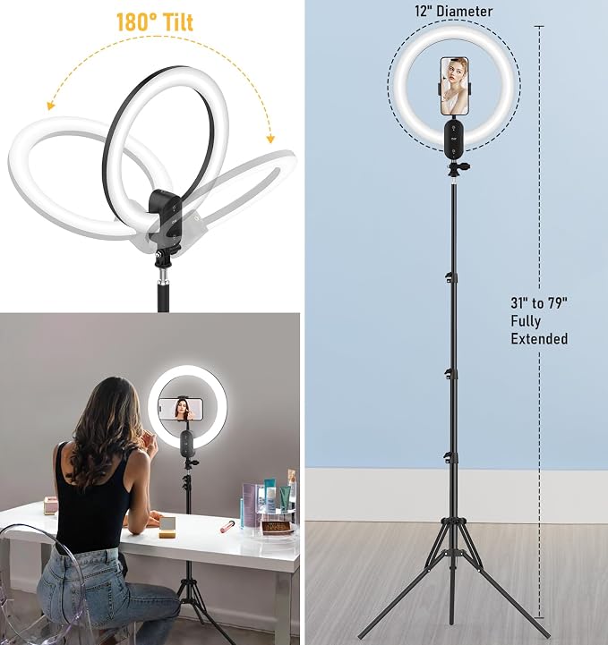 12 inch Ring Light with Stand 2800mAh Rechargeable, LED Circle Selfie Cordless Ringlight with 63" Tripod/Phone Holder/Remote for Makeup Live/Video Recording/Tiktok/YouTube/Podcasting/Vlogging