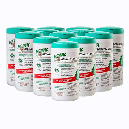 Monk Disinfectant Wipes, Large Lemon Breeze Fresh Scented Disinfectant Wipes, Value Pack Contains 12 Canisters of 80 Count, Perfect for Offices, Schools, Cycling, Kitchen, Yoga Mats and Other Surface