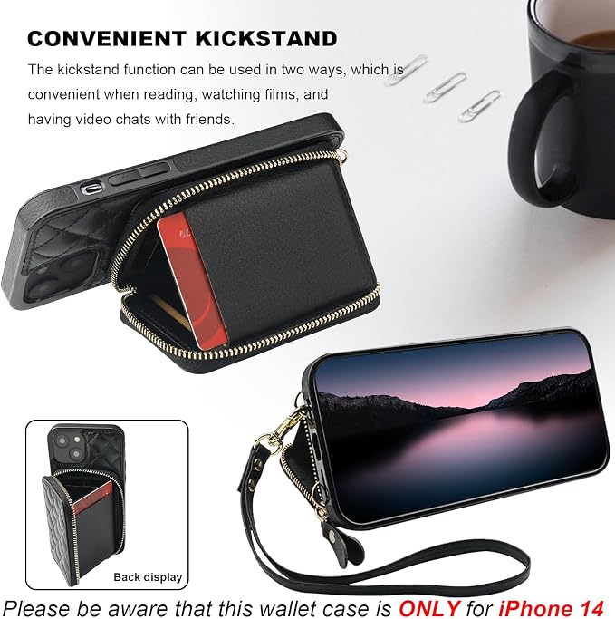 Bocasal Crossbody Wallet Case for iPhone 14, RFID Blocking PU Leather Zipper Handbag Purse Flip Cover, Kickstand Folio Case with Card Slots Holder Wrist Strap Lanyard 5G 6.1 Inch (Black)