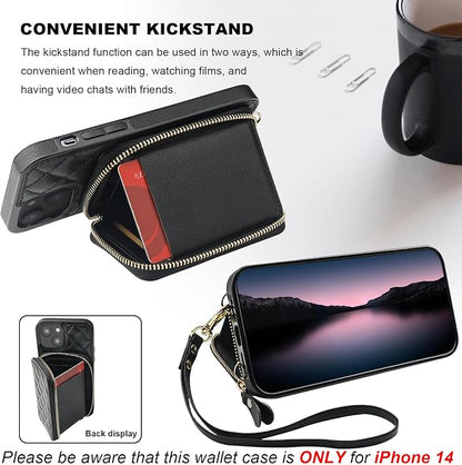 Bocasal Crossbody Wallet Case for iPhone 14, RFID Blocking PU Leather Zipper Handbag Purse Flip Cover, Kickstand Folio Case with Card Slots Holder Wrist Strap Lanyard 5G 6.1 Inch (Black)