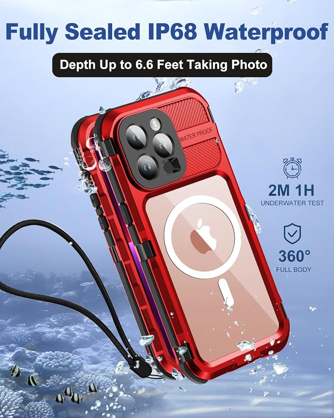 WIFORT for iPhone 13 Pro Waterproof Case - Metal 360 Full Body [IP68 Water Proof][Built-in Screen Protector][14FT Military Shockproof][Compatible with MagSafe] Dustproof Protective Cover, 6.1" Red