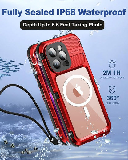 WIFORT for iPhone 13 Pro Waterproof Case - Metal 360 Full Body [IP68 Water Proof][Built-in Screen Protector][14FT Military Shockproof][Compatible with MagSafe] Dustproof Protective Cover, 6.1" Red