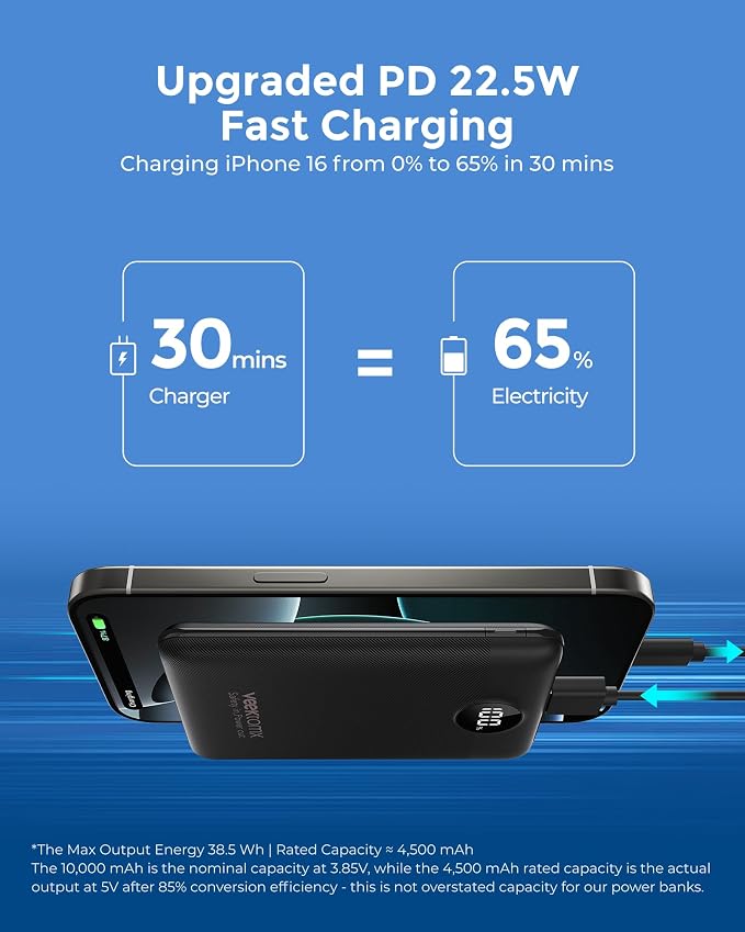 Portable Charger 10000mAh, Ultra Slim Power Bank Fast Charging with Attached USB C Cable, Travel Essential Phone Power Bank Battery Pack for iPhone 17/16/15/14 Samsung S25 Google etc