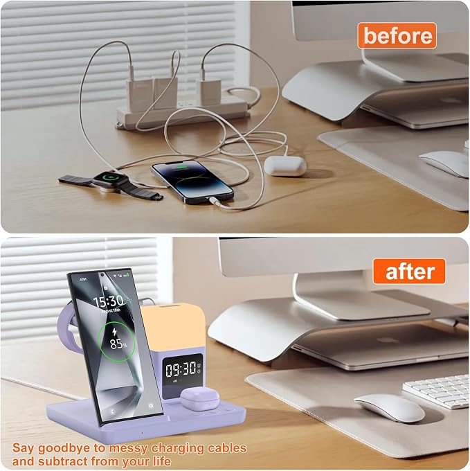 Wireless Charger for Samsung/Android Charging Station, 6 in 1 Fast Watch Charger with Alarm Clock-Night Light, Compatible for Galaxy S25 Ultra/S24, Only for Samsung Watch 8/7,Galaxy Buds3 Pro(Purple)