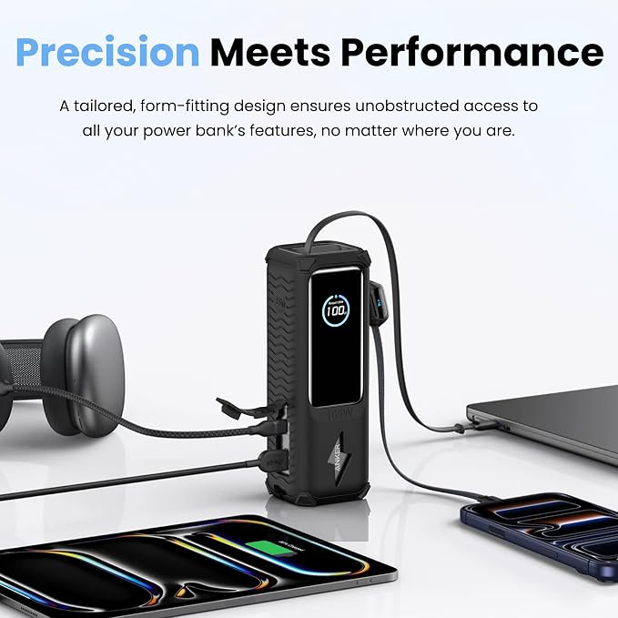 Silicone Case for Anker Laptop Power Bank (25000mAh 165W), with Charging Cable Holder, Portable Protective Cover Compatible with Anker 25000mAh 165W Power Bank for Travel & Daily Use (Black)