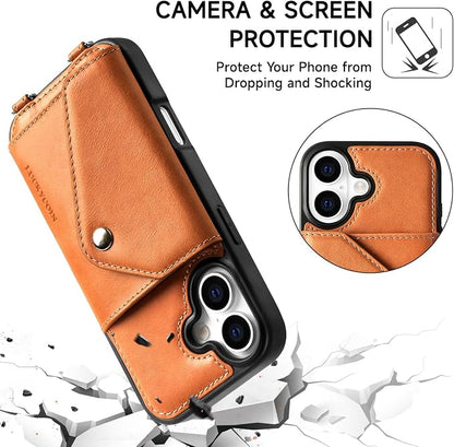 LUCKYCOIN for iPhone 17 Crossbody Wallet Case – Genuine Leather Phone Purse with Adjustable Strap and Card Holder,Lanyard Phone Purse Case for Women,Vintage Brown