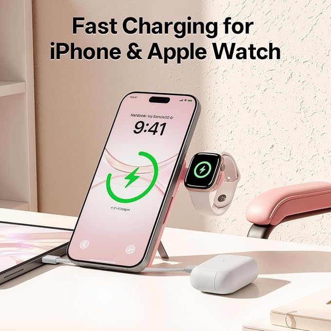 Q Magnetic Wireless Portable Charger 10,000mAh, Travel Essentials Power Bank with Built-in Cables & Foldable Stand, External Battery Pack Compatible with iPhone 17/16/15/14/13/12, Apple Watch
