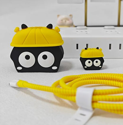 Compatible with iPhone 18W/20W USB-C Charger Protector Cover, 3D Cute Cartoon Charger Case for Apple iPhone 20W USB-C Power Adapter and Lightning Cable Protective Wire Saver (Yellow Hat Black)