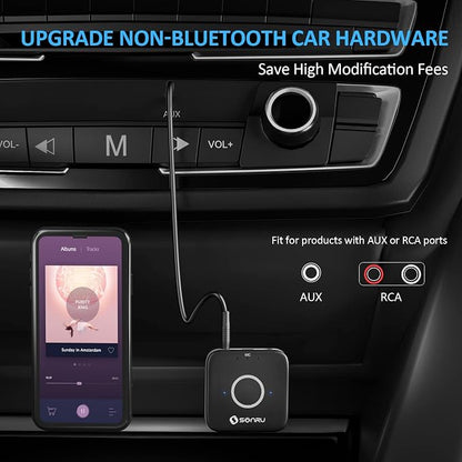 SONRU Bluetooth 5.3 Adapter Hi-Fi Equipment for Car Wireless Audio Receiver with 3.5mm AUX RCA Cable, Noise Cancellation, Dual AUX Outputs for Home Speakers Wired Headphones