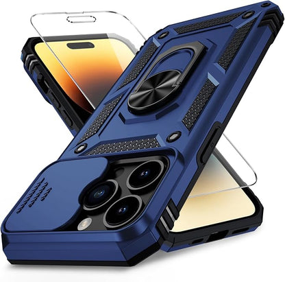 Vinve for iPhone 14 Pro Max Case with Slide Lens Cover HD Screen Protector, Military Grade Drop Protection, Magnetic Rotated Ring Holder Kickstand Protective Phone Case (Navy Blue)
