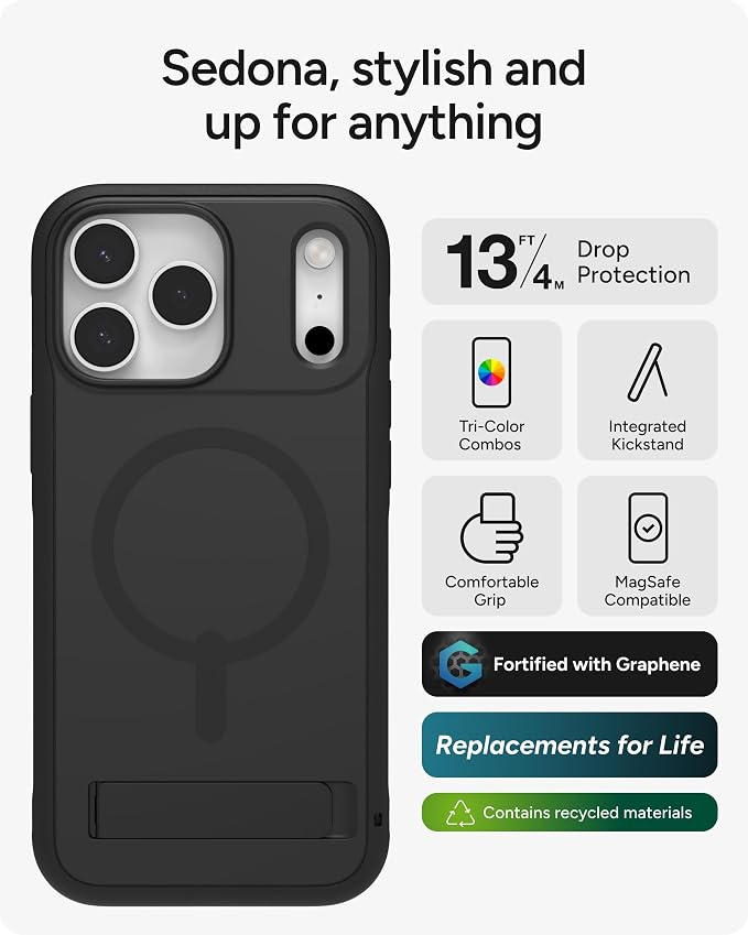ZAGG Sedona Snap Case with Kickstand for iPhone 17 Pro Max - Pitch Black, Drop Protection (13ft/4m), Multi-Layer Protection, with Camera Button, MagSafe Phone Case with Impact-Absorbing Bumpers