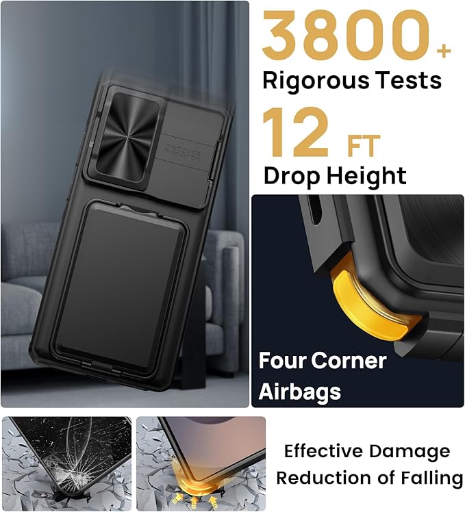 SSLOTSCASE for Samsung Galaxy S25 Ultra Case with Card Holder & Kickstand & Slide Camera Lens Cover, Silicone Edge Protection Rugged Heavy Duty Phone Case Cover for Galaxy S25 Ultra 5G 2025, Black