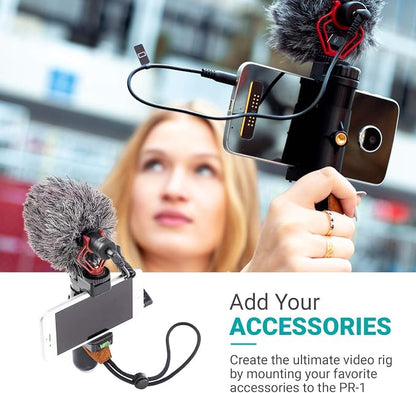 Movo PR-1 Smartphone Grip Handle Rig with Wrist Strap, Tripod Mount and Cold Shoe Mount for Lights and Microphones - for iPhone, Samsung, HTC, LG, Google, Android