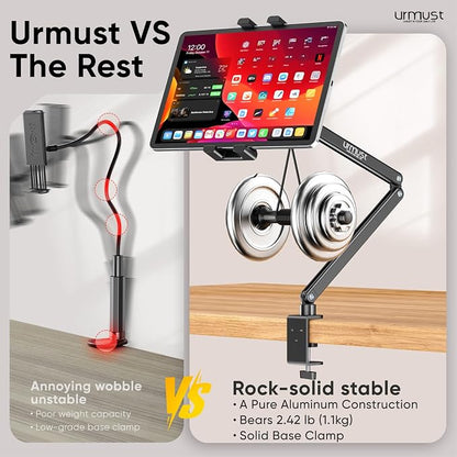 Urmust Portable Monitor Stand 15.6", iPad Stand for Desk & Bed, Portable Monitor Holder up to 18.5", Adjustable Desktop Tablet Arm Mount, Apple iPad Holder for Desk, for 4.7"-12.9" iPad Pro/Air/Mini