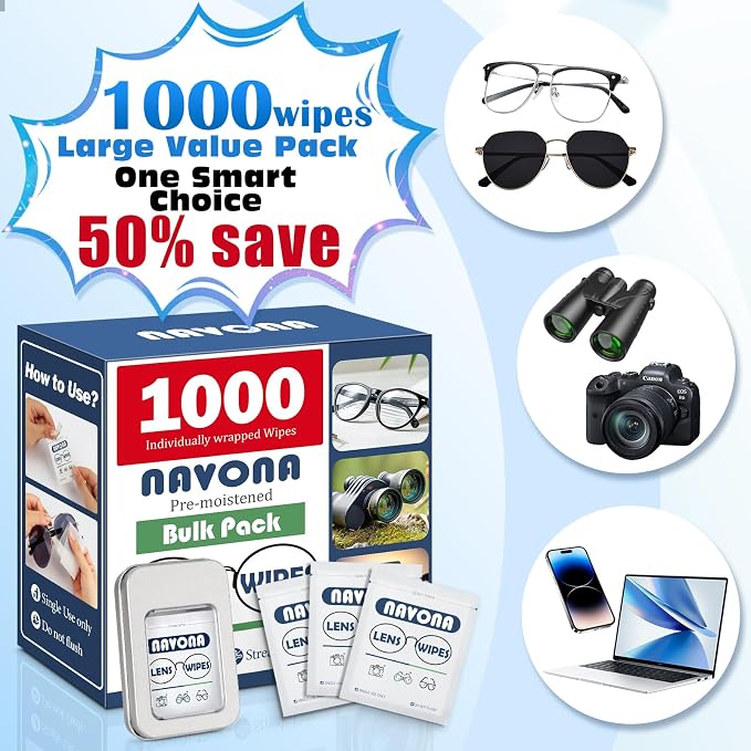 Navona Pre Moistened Lens Wipes for Eyeglasses - 1000 Count Individually Glasses Cleaner Wipes,No Scratch,No Streak Eyeglass Cleaning Wipes for Screen,Phone,Laptop,Sunglasses