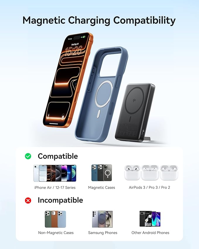 INIU for MagSafe Portable Charger, Slimmest Fast Charging 45W Power Bank 10000mAh with USB C Cable&Stand, Original Qi2 Certified Wireless Magnetic Charger 15W, TSA Travel Basics for iPhone 17-12 Only