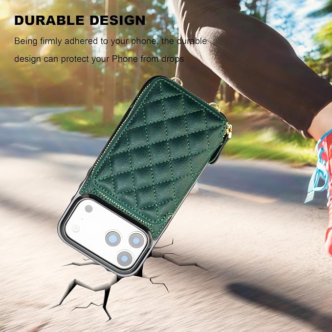 Bocasal Crossbody Wallet Case for iPhone 17 Pro Max, RFID Blocking PU Leather Zipper Handbag Purse Flip Cover, Kickstand Folio Case with Card Slots Holder Wrist Strap Lanyard 5G 6.9 Inch (Dark Green)