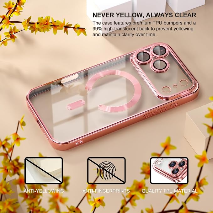Misea Magnetic for iPhone 17 Pro Case Compatible with MagSafe [Never Yellowing] [Military Grade Drop Protection] Full Camera Lens Protector Plating Soft Clear Phone Case for Women, Pink