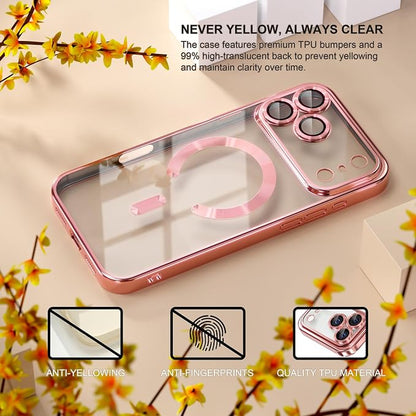 Misea Magnetic for iPhone 17 Pro Case Compatible with MagSafe [Never Yellowing] [Military Grade Drop Protection] Full Camera Lens Protector Plating Soft Clear Phone Case for Women, Pink