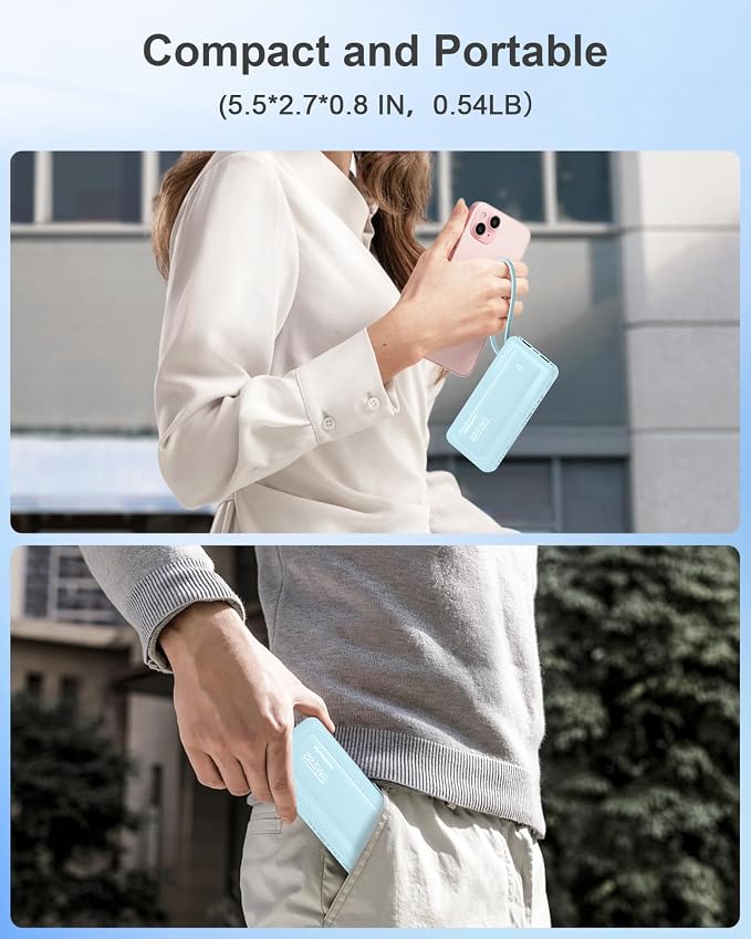 Portable Charger 10000mAh 22.5W Power Bank | Built in 4 Cables, Slim, Fast Charging, USB C LED Display, 6 Outputs & 2 Inputs, Flashlight