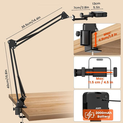Overhead Phone Mount with LED Selfie Light and Bluetooth Remote, Rechargeable Camera Light Tripod Stand with Flexible Boom Arm, Desk Phone Holder for Video Recording, Live Streaming, TikTok, Vlogging