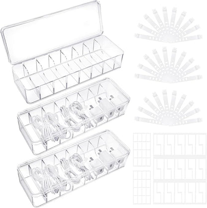 ProSuites Cable Organizer Box with Lid, 3 Pcs Clear Cord Storage Organizer with 30 Cable Ties 62 Cable Labels, Charger Organizer for Office Desk Drawer Organizers and Accessories